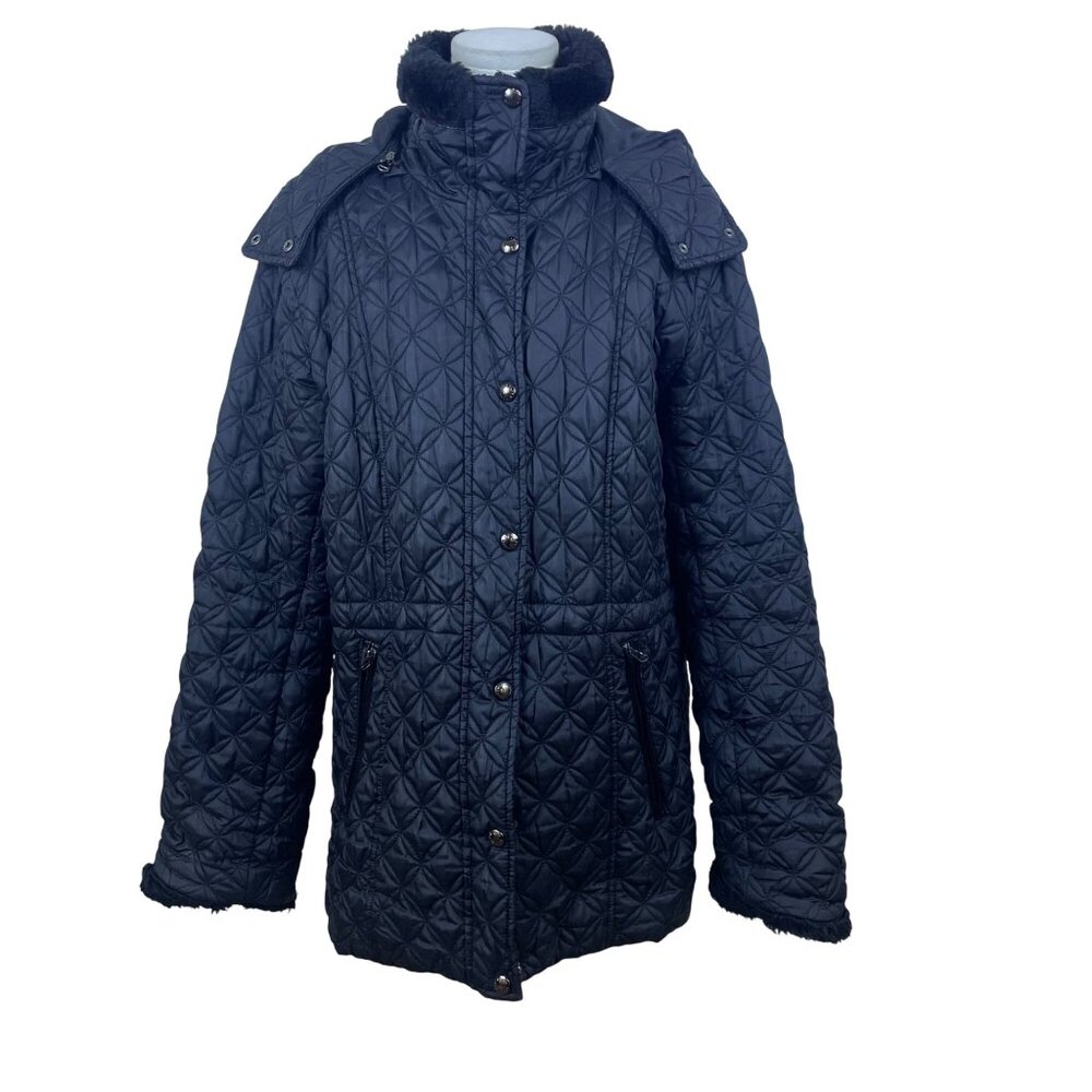 Marc New York Women's Black Quilted Hooded Jacket Removable Fur Collar Sz M